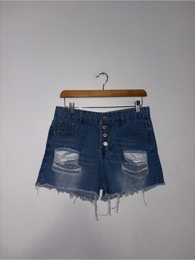 Buttonfly Distressed Denim Shorts